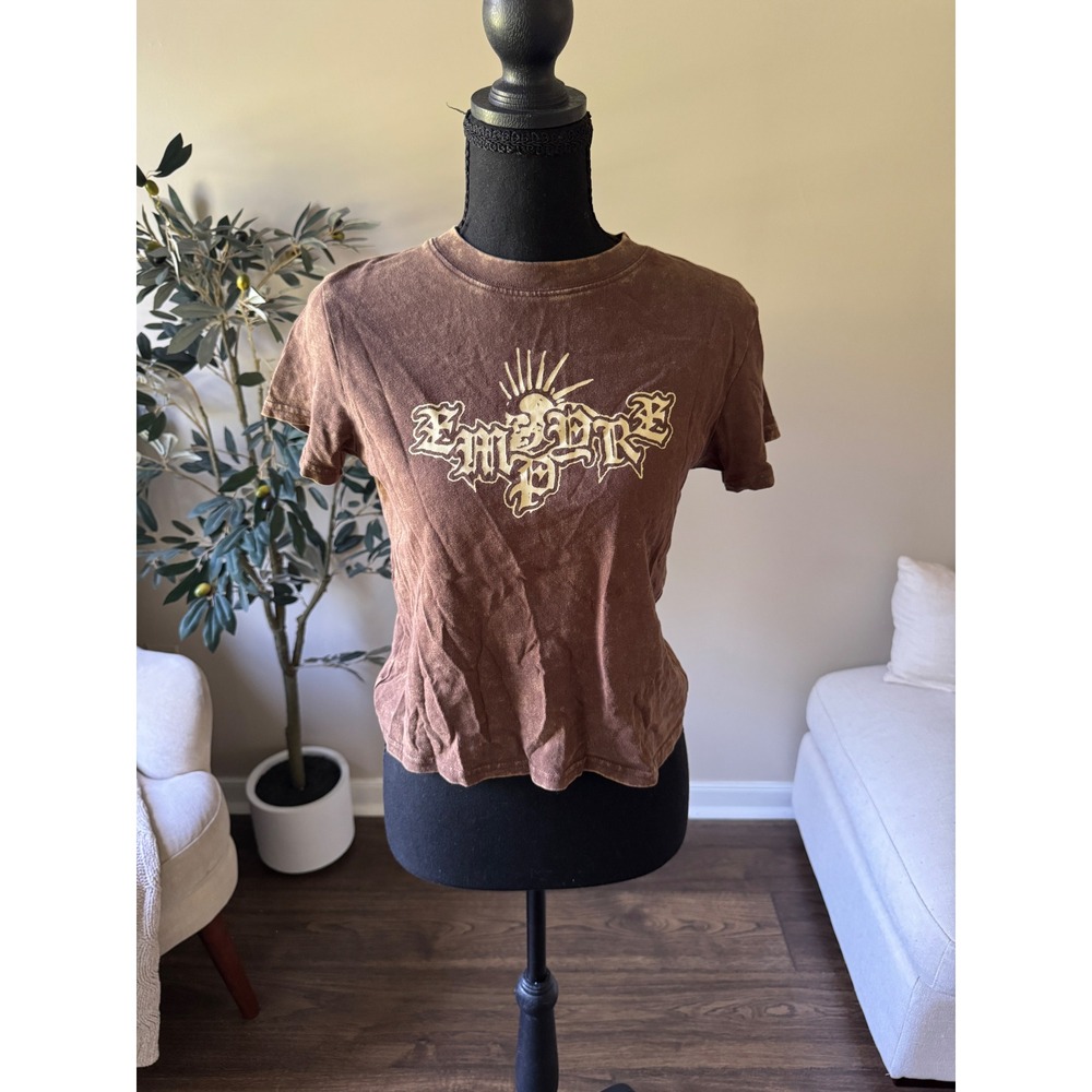 Empyre Brown Acid Wash Graphic Tee Sunburst Old English Logo Small